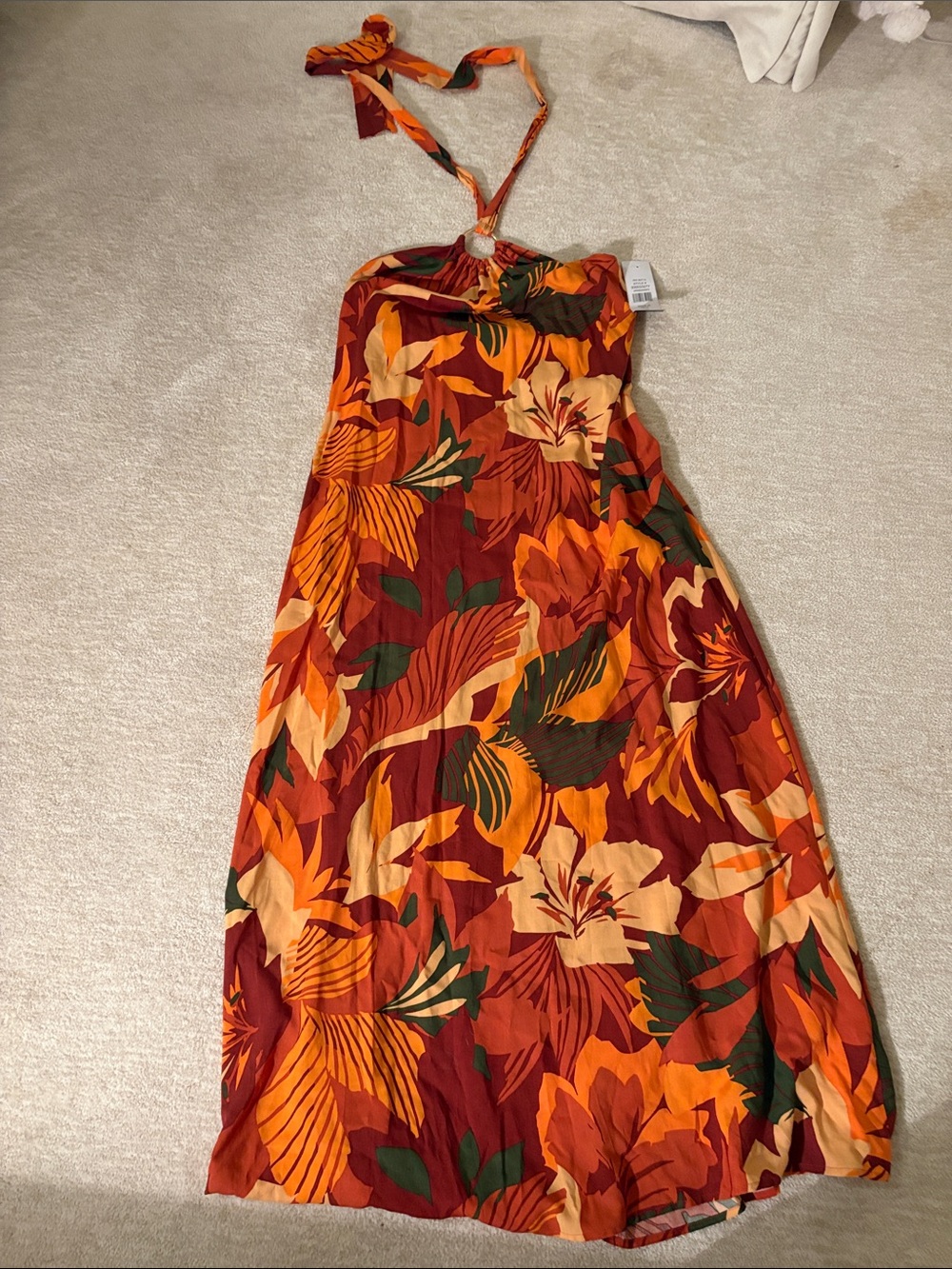 Halter Neck Tropical Floral Maxi Dress - Red Orange